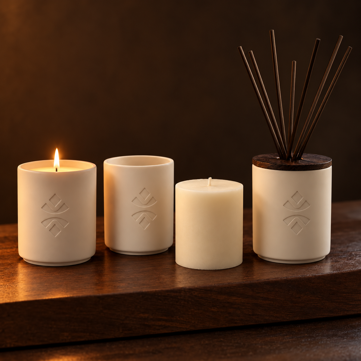 The MADOO porcelain vessel as a candle, as a refill and as a reed diffuser with the Wenge Wood Lid.