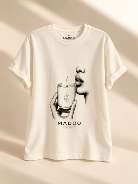 Off-white MADOO Signature T-shirt with an illustration of a hand holding a lit porcelain candle